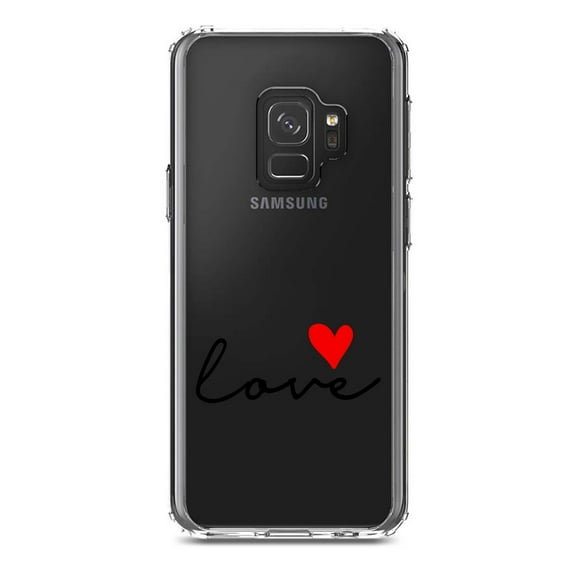 DistinctInk Clear Shockproof Hybrid Case for Samsung Galaxy S9 (5.8" Screen) - TPU Bumper Acrylic Back Tempered Glass Screen Protector - Love Heart Black & Red