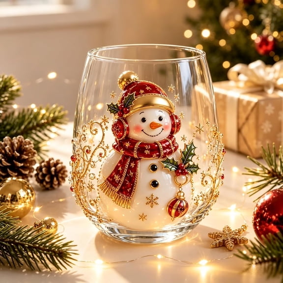 3D Christmas Glass Art Cup Santa Decor Drinking Glass Cup Snowman Stemless Wine Glasses Holiday Glassware for Coffee, Tea, Juice, Milk, Xmas Party Home Festive Decor Gifts (Snowman)