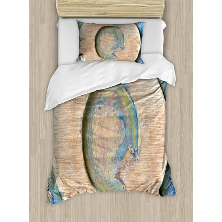 Letter Writing Set - Letter Q Twin Size Duvet Cover Set, Worn Look Soft Colored Writing Natural Vintage Background Design Uppercase, Decorative 2 Piece Bedding Set with 1 Pillow Sham, Pale Brown Blue, by Ambesonne