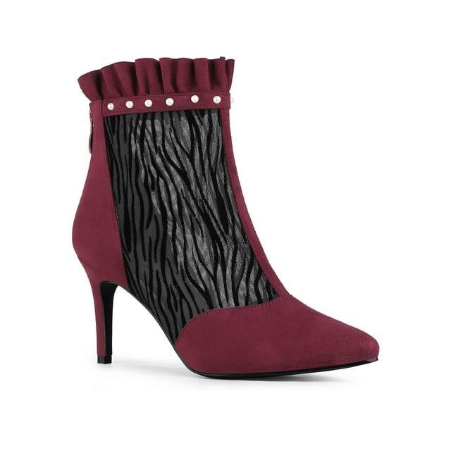 Unique Bargains Women's Mesh Stiletto High Heels Ruffle Prom Ankle Boots Burgundy 9