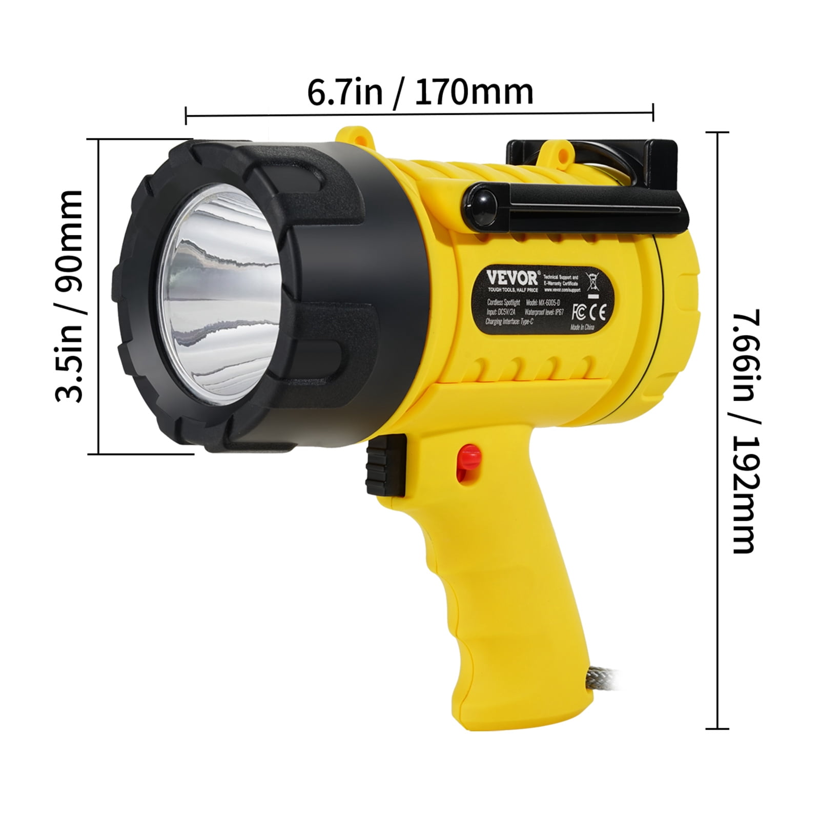 VEVOR Rechargeable Spotlight Flashlight, 1500 Lumens, IP67 Waterproof Handheld LED Spot Light, Super Bright Portable Searchlight with 4 Modes Detachable Lens USB Port, for Hunting Boating Camping