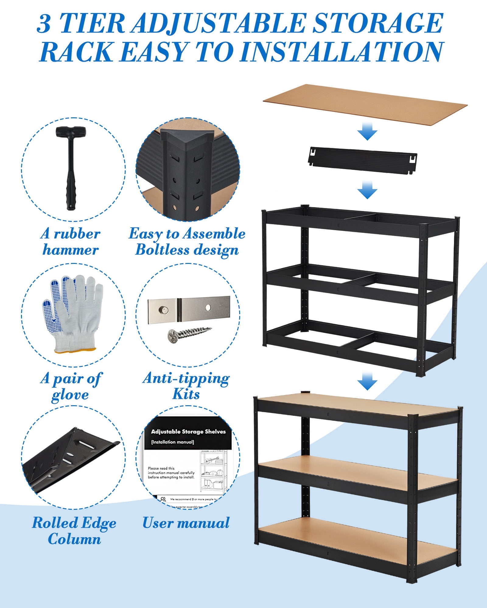 3-Tier Adjustable Storage Shelves 60" x 24" x 36", Heavy Duty Metal Garage Shelving Unit with 1500 lb Capacity, Rust-Resistant Utility Rack for Warehouse, Pantry, Laundry Room, Basement