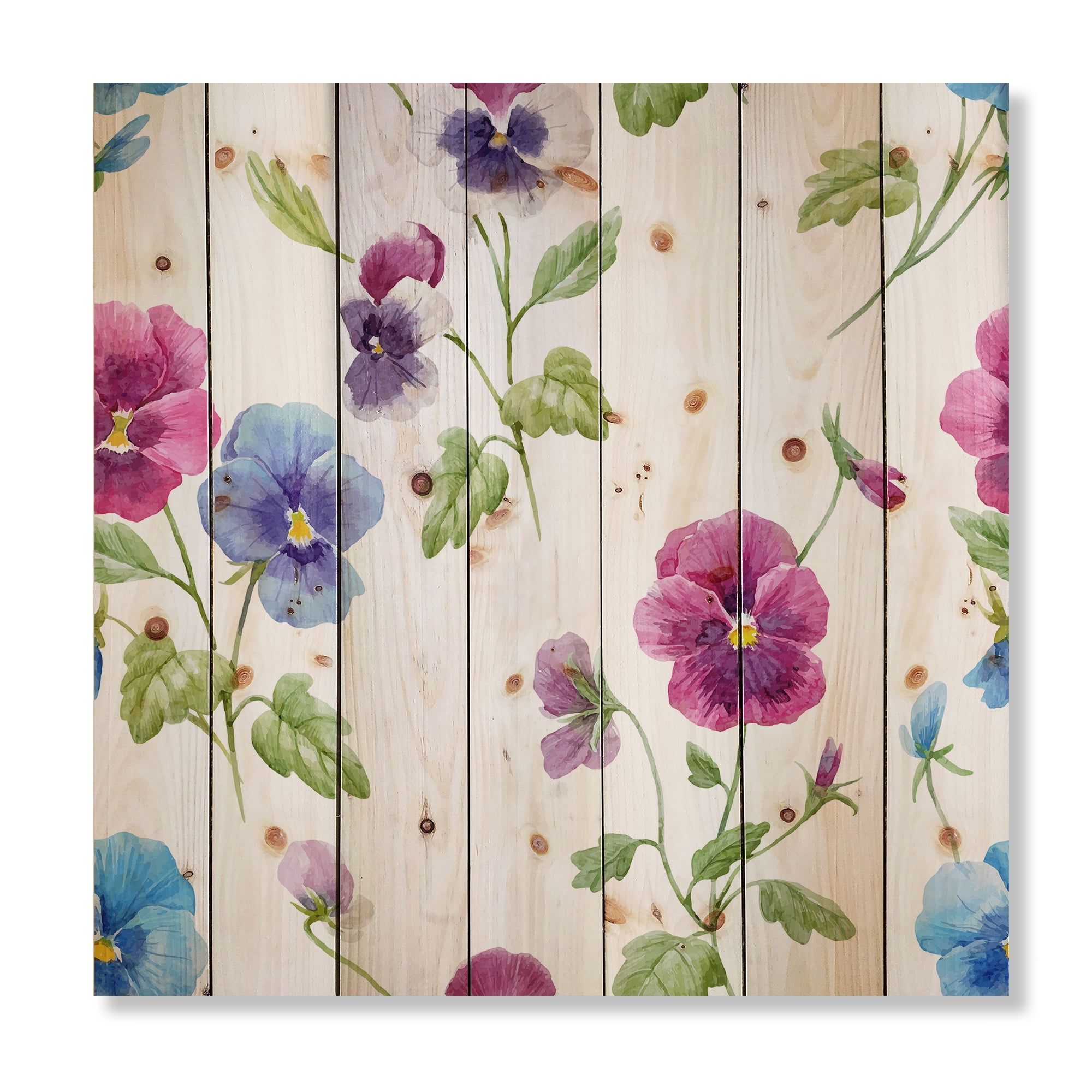 Designart 'Blue and Pink Pansy Flowers II' Traditional Print on Natural Pine Wood