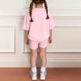 thumbnail image 4 of CPNG Girls Two Piece Sets Kids Solid Color Round-Necked Short Sleeve T-shirt and Elastic Waist Tight Shorts Summer Outfits(Pink,5-6 Years), 4 of 6