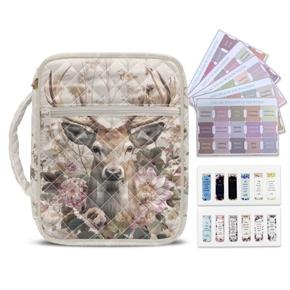 Xixirimido Elk Forest Floral Print Bible Cover Case Large Bible Cover with Handle Quilted Bible Carrying Case Bag with Bookmarks Bible Study Supplies Accessories
