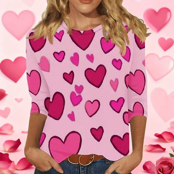 RKSTN Valentines 3/4 Sleeve Tops for Women Oversized Crewneck Valentine's Day Graphic Printed Short Sleeve T Shirt Womens Casual Round Neck Loose Comfy Loves Heart Print Three Quarter Sleeve Shirts