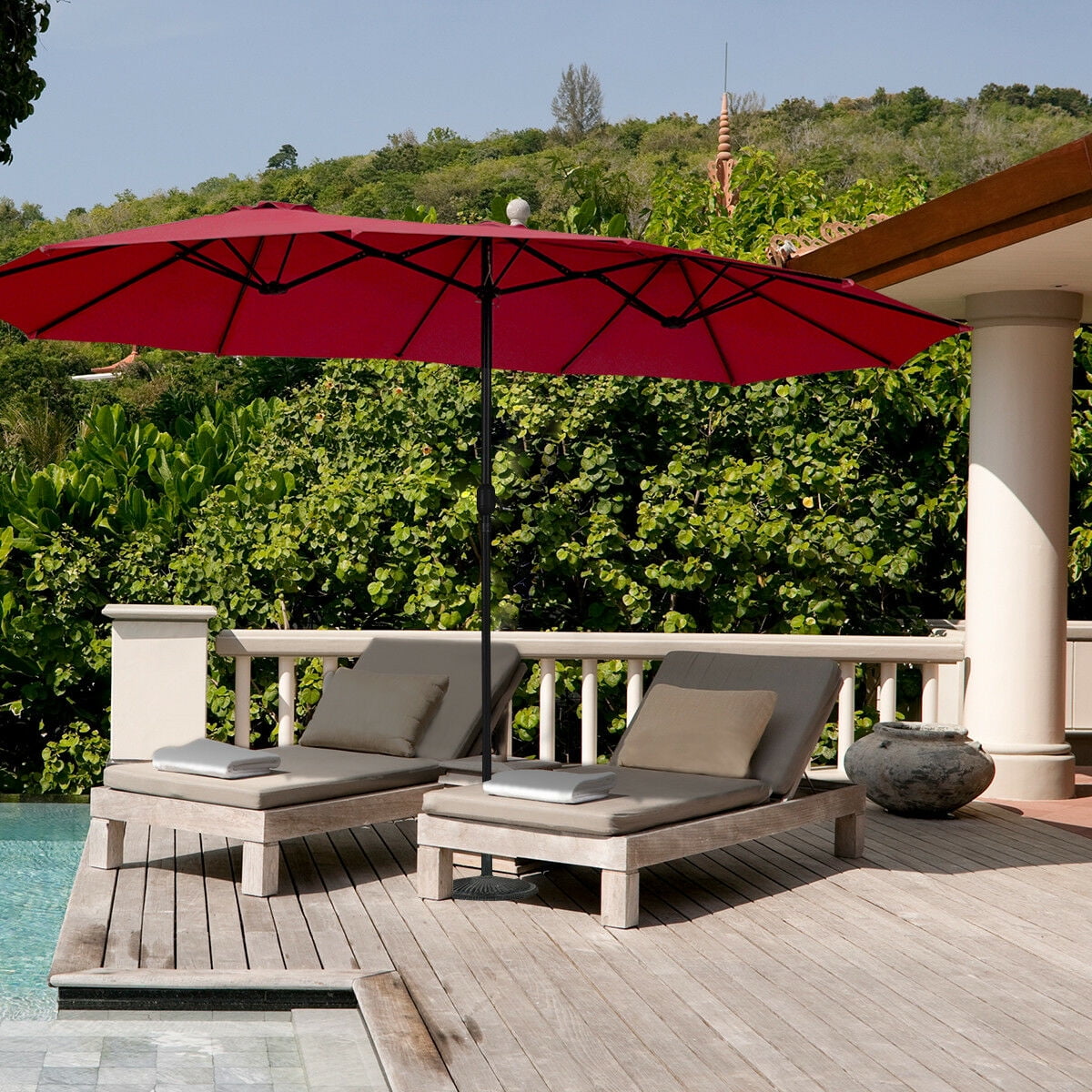 Topbuy 15 ft Outdoor Patio Umbrella Double-Sided Shade Offset Red