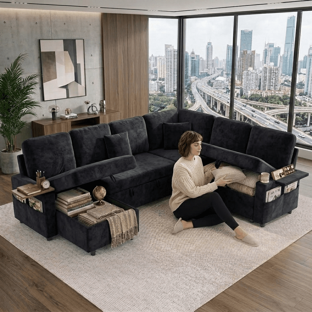 EPOWP 108" Sectional Sleeper Sofa, 7-Seater L-Shaped Modular Couch with Pull-Out Sofa Bed, Adjustable Backrest, Side Table & Charging Ports, Chenille Sectional Sofa for Living Room, Black
