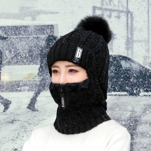 Gorro de invierno para mujer, bufanda para el cuello, gorro para montar a prueba de viento y clima frío para Negro Cola Bufanda de sombrero de invierno