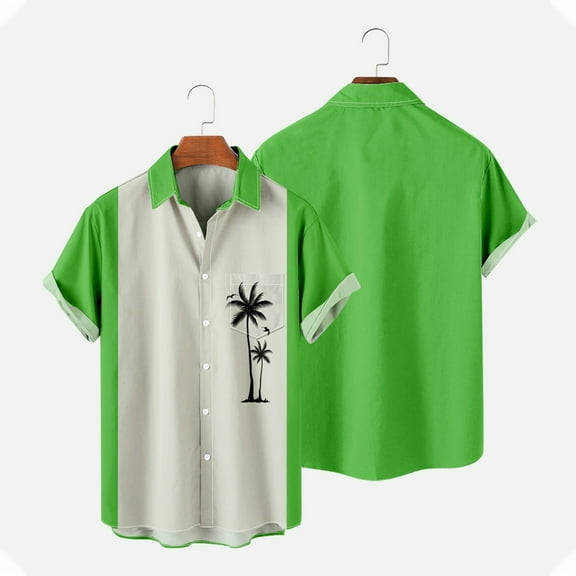 Titcea Shirts for Men Coconut Tree Printed Fashion Lapel Buttons Short Sleeve Shirt Hawaii Beach Vacation Summer Party Casual T-Shirts