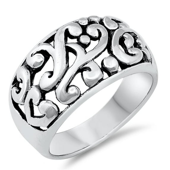 Oxidized Filigree Vine Ball Bead Wide Ring .925 Sterling Silver Band Jewelry Female Male Size 9