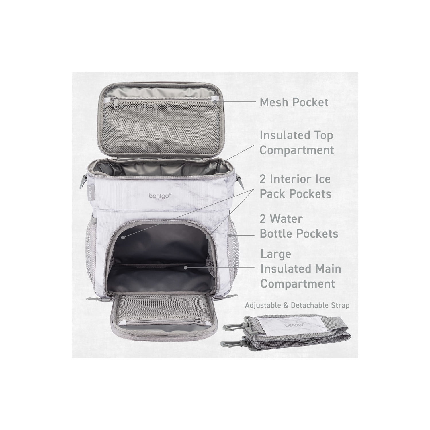 Bentgo Prep Deluxe Insulated Multimeal Bag - Lunch Box Bag, Holds 5 Meals, Premium Insulation up to 8 Hrs, Durable, Water-Resistant - Large Capacity For Adult Meal Prep (White Marble)