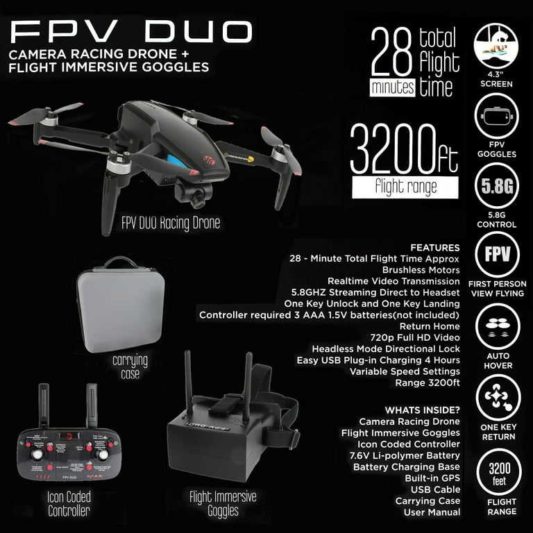 Vivitar FPV Duo Racing Drone with Goggles and GPS, Black