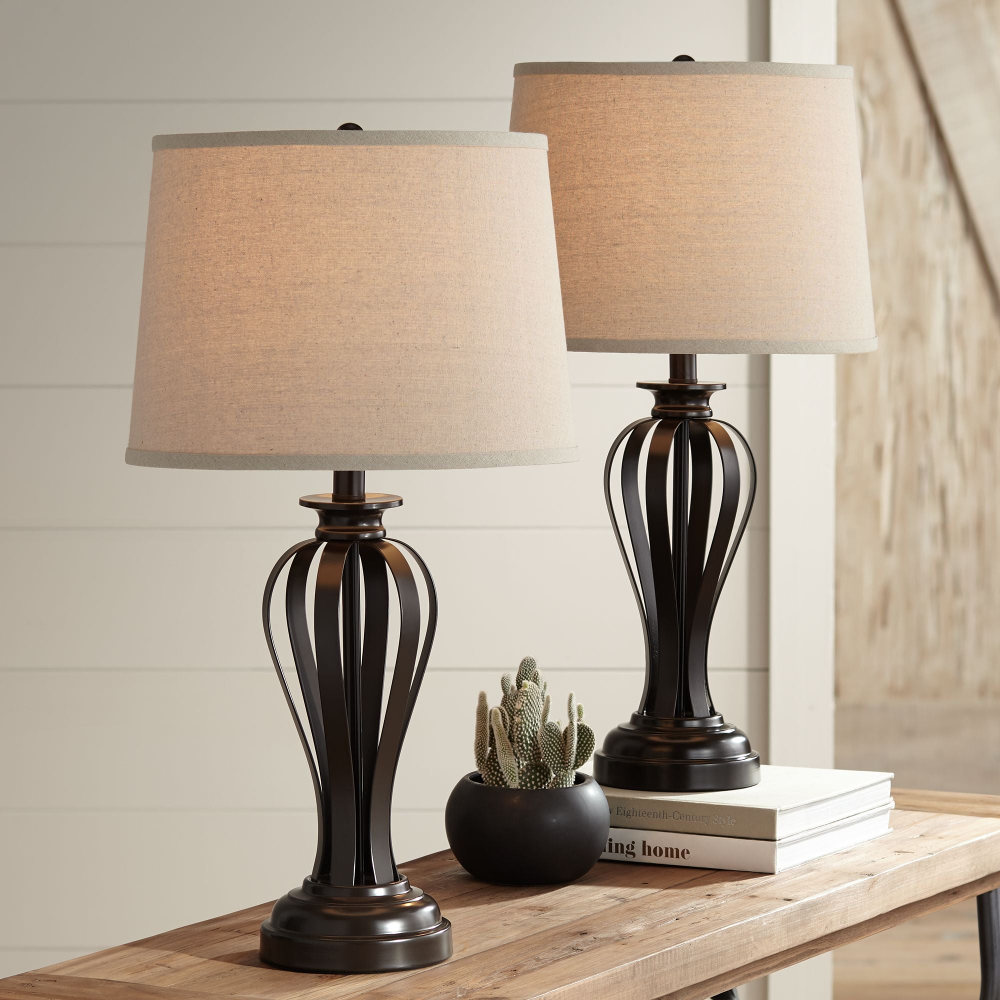 Regency Hill Modern Table Lamps Set of 2 Open Profile Bronze Fabric