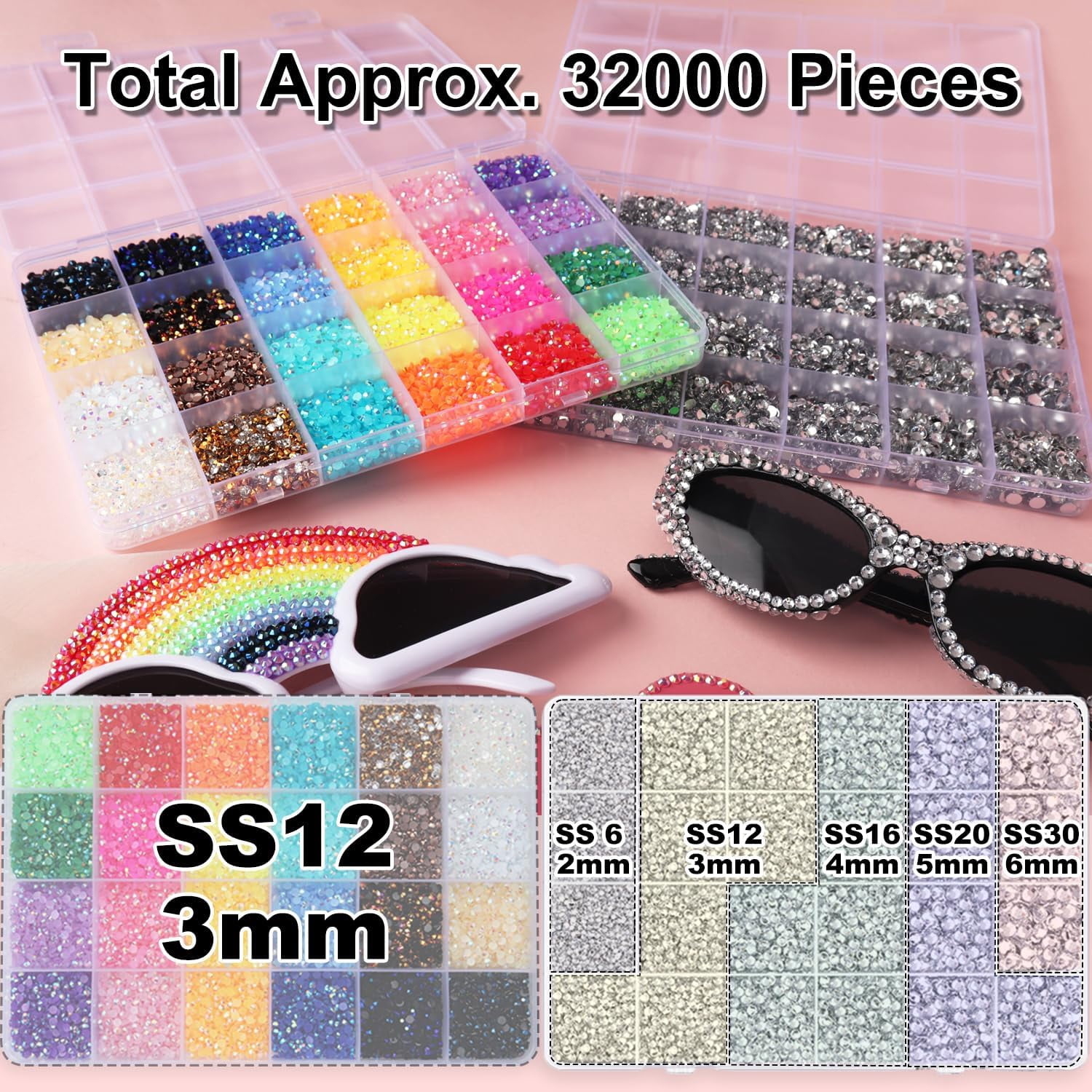 2 Boxes Rhinestones for Bedazzling Kits, Multicolor 3mm & Silver Clear 2/3/4/5/6mm Resin Flatback Gems for Diamond Art, Bedazzler Kit with 3Pcs 10ml B7000 Jewelry Glue for DIY Crafting Crafts Decor