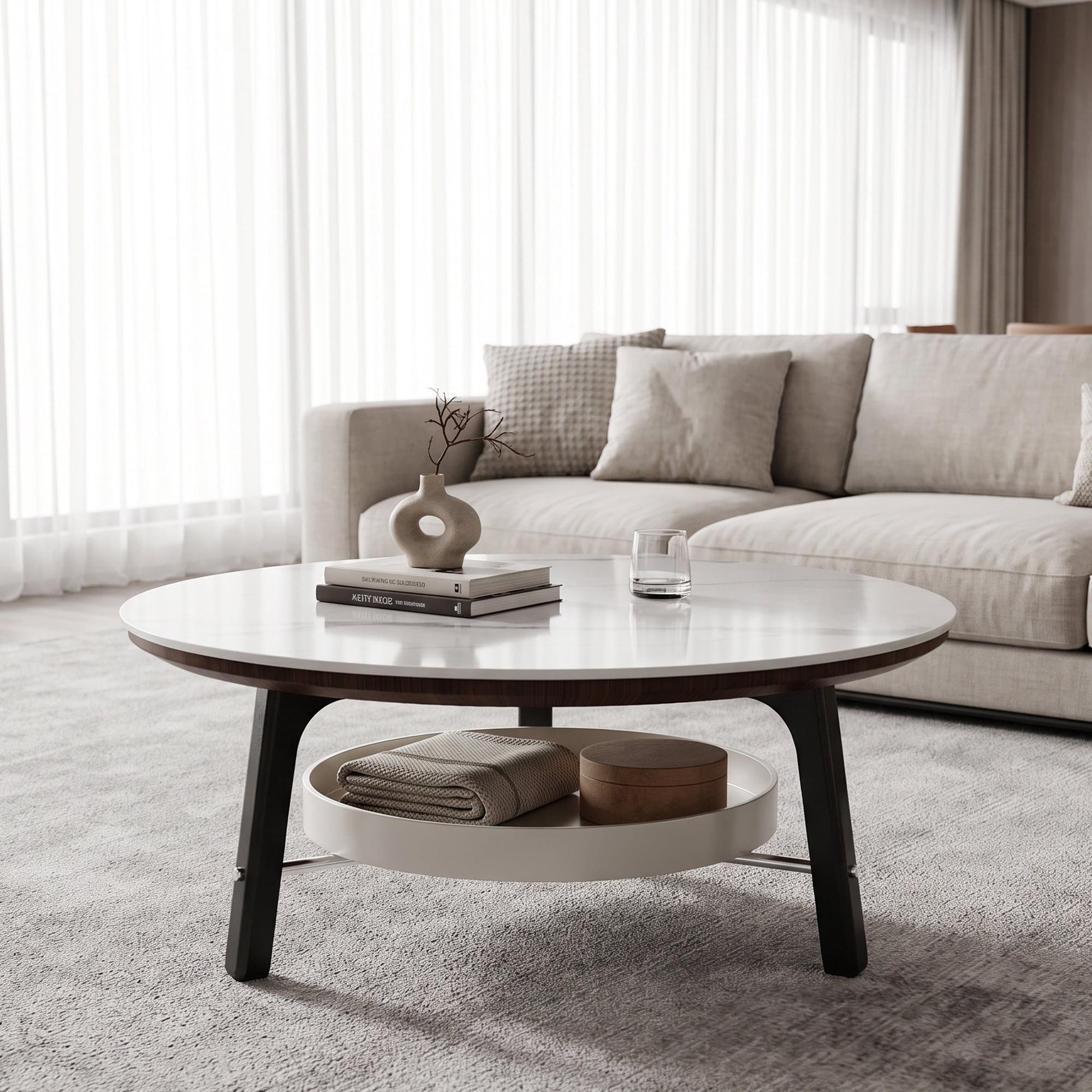 Leumius Round Coffee Table with Storage Shelf, Modern Minimalist Center Table for Living Room White