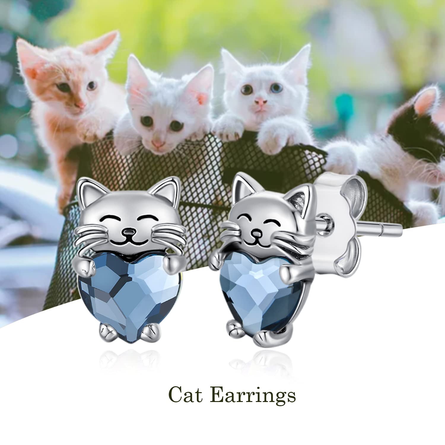 Midir&Etain Cat Love Earrings 925 Sterling Silver Cat Earrings Cute Animal Little Cat Earrings Cat Jewelry Gifts Women's Allergic Earrings Suitable for Sensitive Ears（Blue）