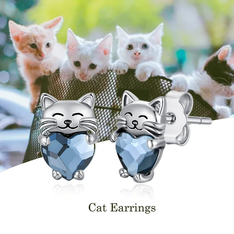 Cat Earrings 925 Sterling Silver Cute Kitty Dangle Drop Leverback on sale Earrings Gifts