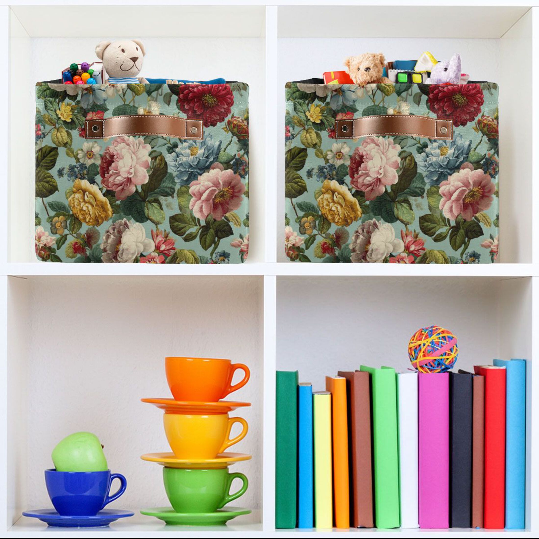 Foldable Storage Basket,Canvas Fabric Foldable Storage Bins with Handles Open Home Storage Bins Boxes for Toy Book Shelf Closet Baskets Floral Pattern with Roses