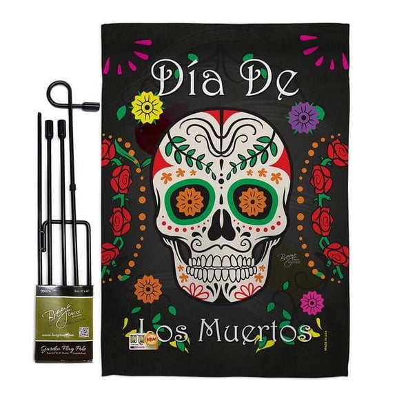 Breeze Decor BD-HO-GS-112009-IP-BO-D-US15-BD 13 x 18.5 in. Dia de los Muertos Fall Halloween Vertical Double Sided Mini Garden Flag Set with Banner Pole