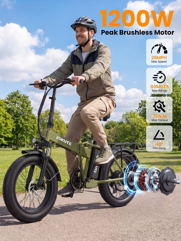 ESKUTE D300 Electric Bike for Adults, Folding Ebike with 1200W Peak Motor 28MPH, 48V 20.8Ah Removable Battery, 20"x4.0" Fat Tires, 80 Miles 7-Speed Gear, NFC Unlock,Green with Phonebag & Lock, UL2849