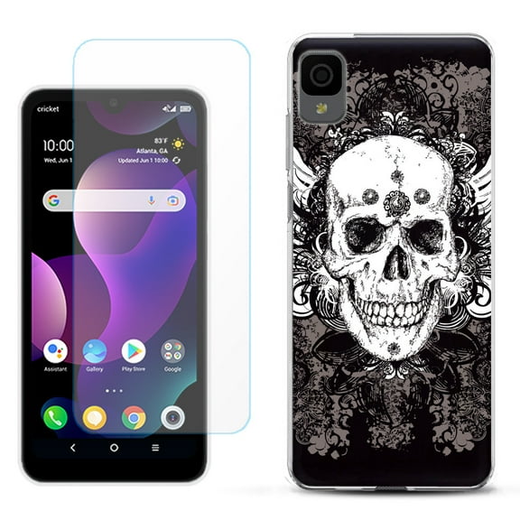 Slim-Fit Gel TPU Phone Case for TCL 30Z / 30 Z / 30 LE, with Tempered Glass Screen Protector, by OneToughShield ® - Grunge Skull