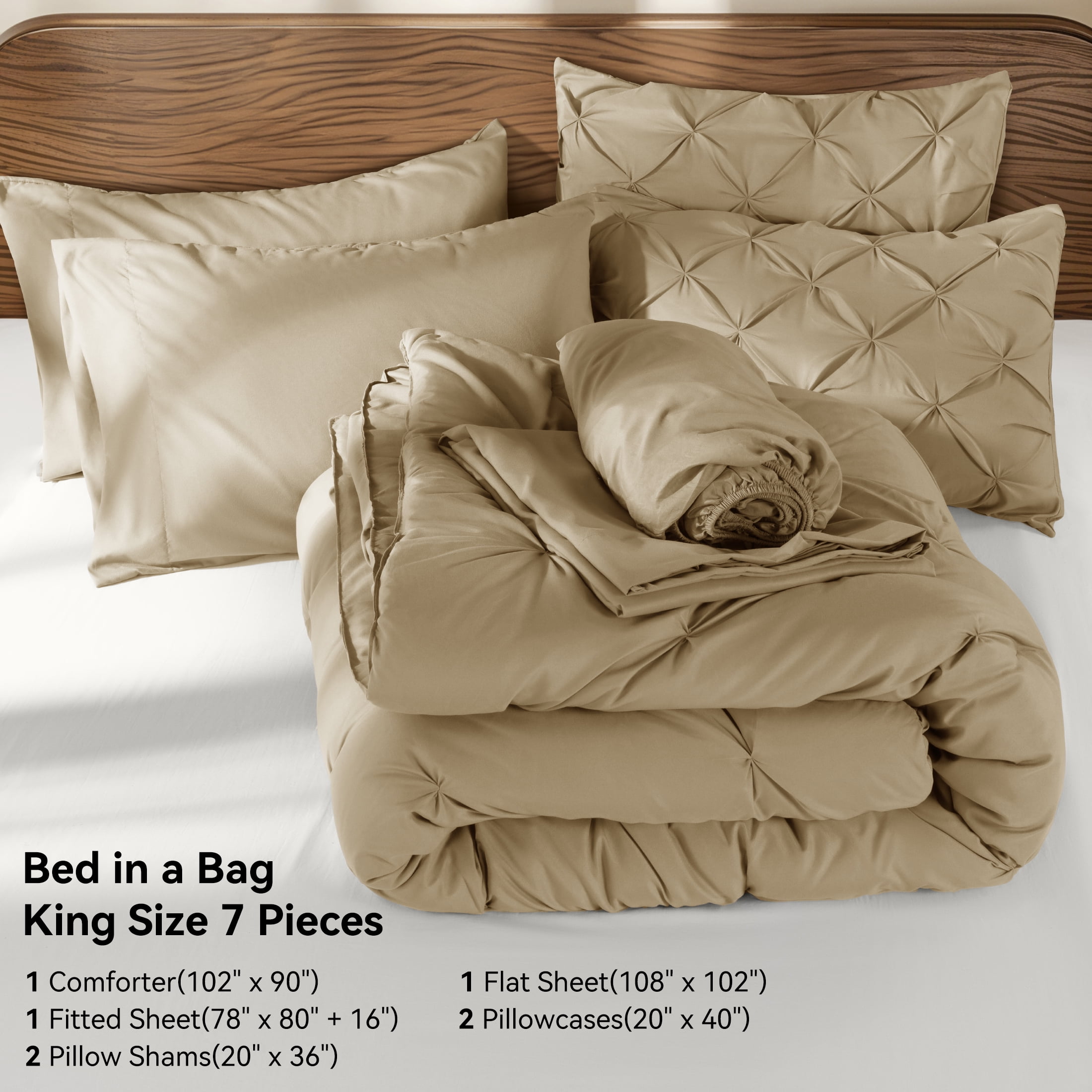 SONORO KATE King Comforter Set, 7 Pieces Bedding Sets for All Season, Bed in a Bag with Pleated Comforter - Flat Sheet & Fitted Sheet - Pillowcases & Shams, Beige