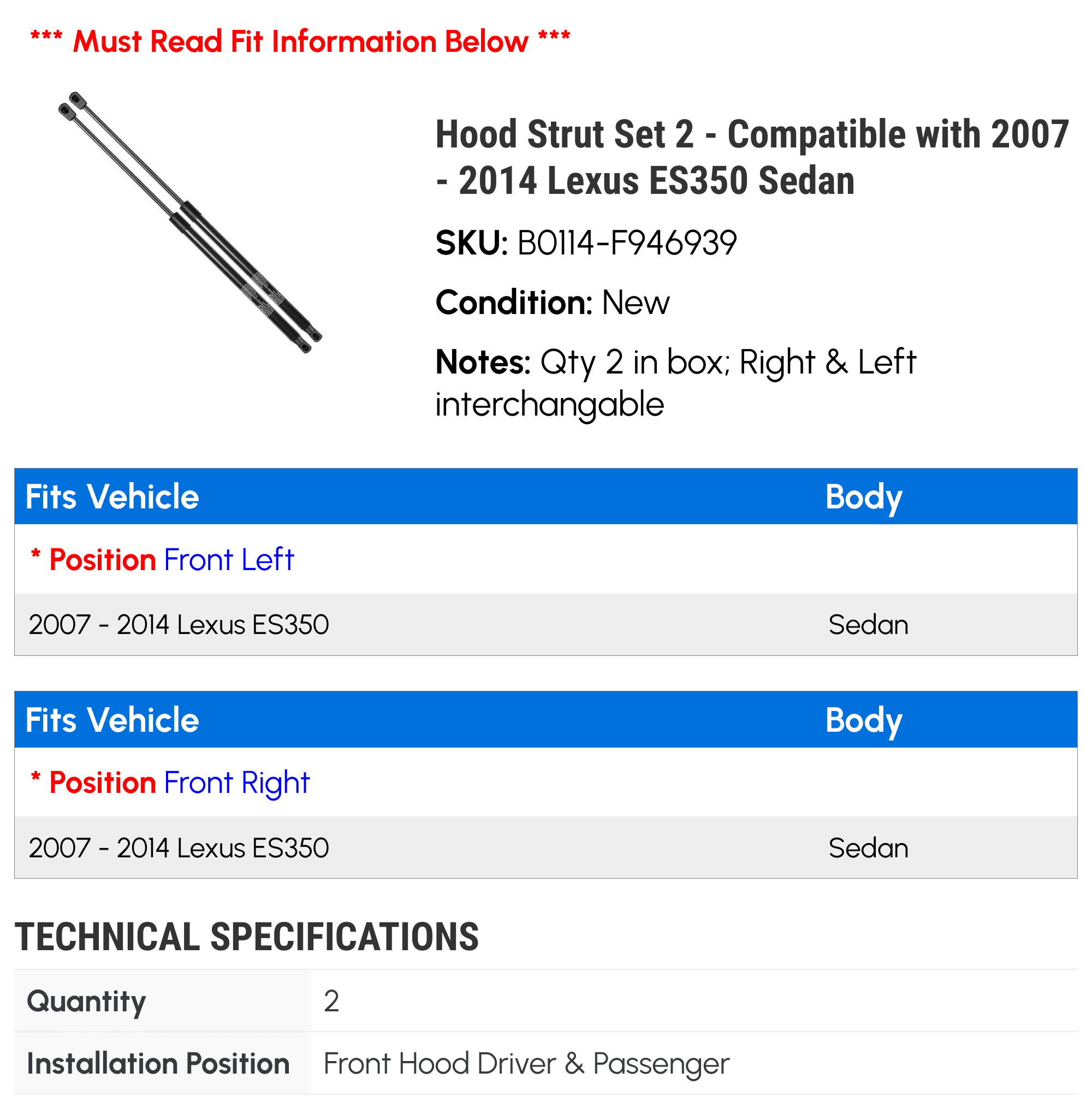 Hood Strut Set 2 - Compatible with 2007 - 2014 Lexus ES350 Sedan - Autopart Premium