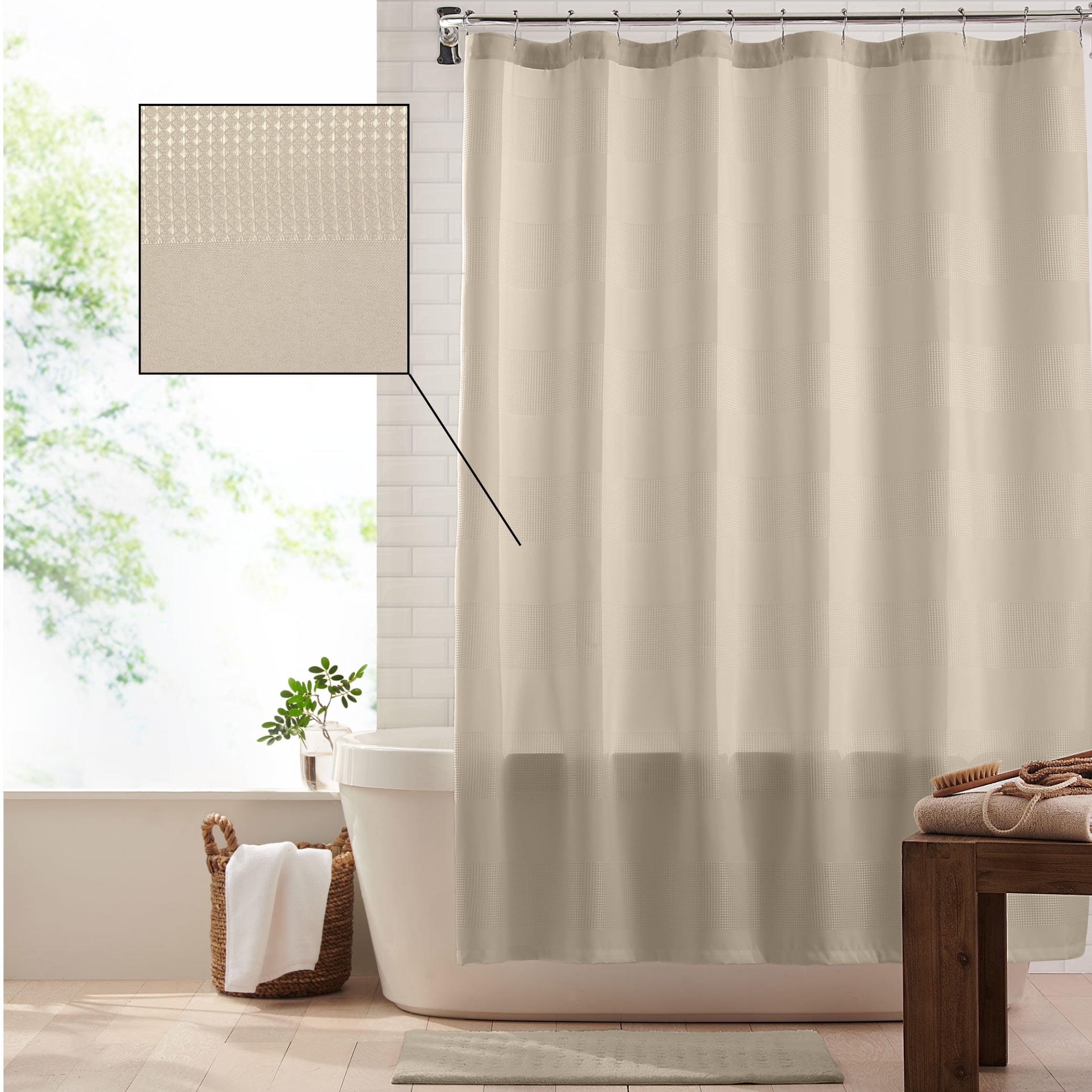 Essential Waffle Stripe Modern Fabric Shower Curtain, Beige, 72"x72