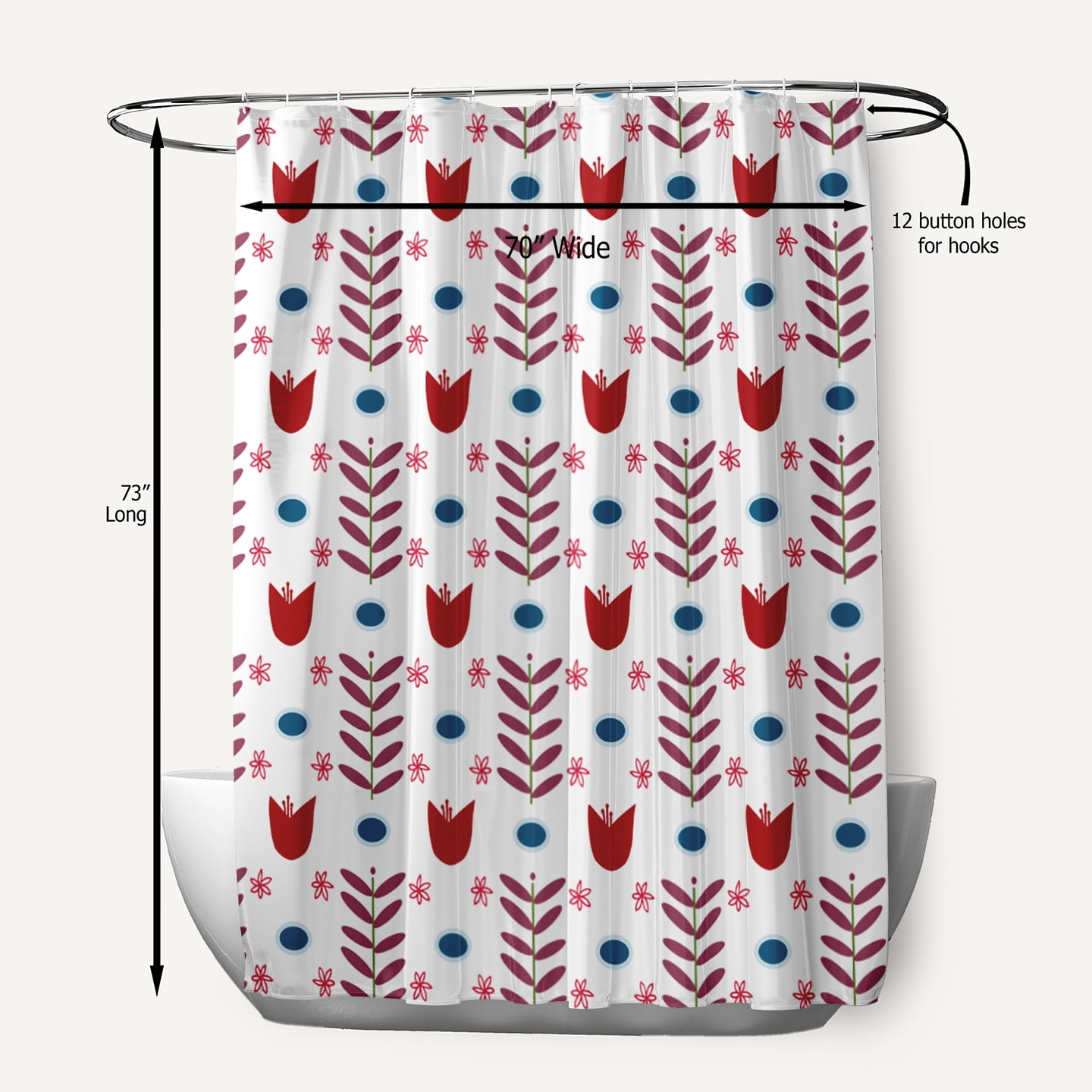 Simply Daisy 70" W x 73" L Spring Garden Polyester Shower Curtain, White-Red [1 Ct]