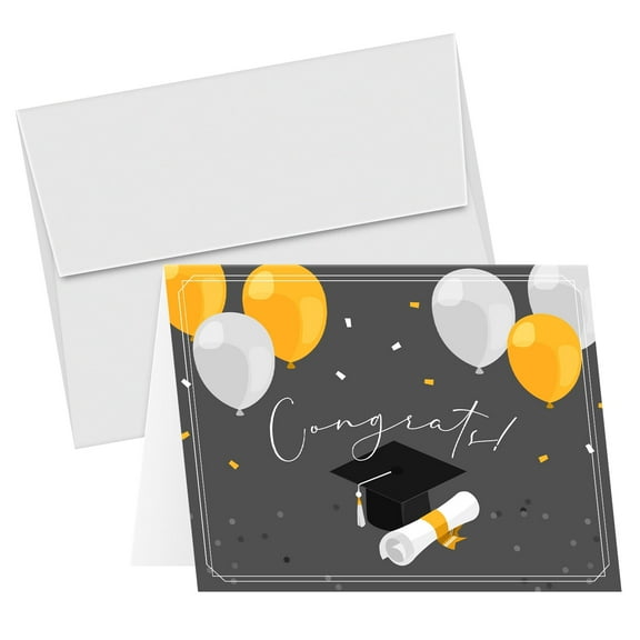 'Congrats' Elegant Black & Gold Congratulations Celebratory Graduation Greeting Cards & Envelopes for Class of 2025 Graduates | 4.25 x 5.5” (A2 Size) | 25 per Pack