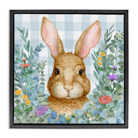Stupell Industries Cottage Rabbit Laurel on Gingham Black Floating Frame Canvas Art, 18 x 18, by Paul Brent