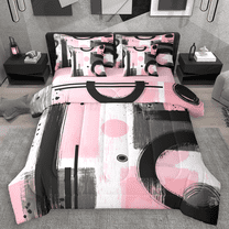 Manfei Black Pink White Bedding Comforter Set 7 Pieces, Contemporary Abstract Art Queen Bedding Sets, Geometric Aesthetic Queen Sheet Sets, Microfiber Bedroom Decor