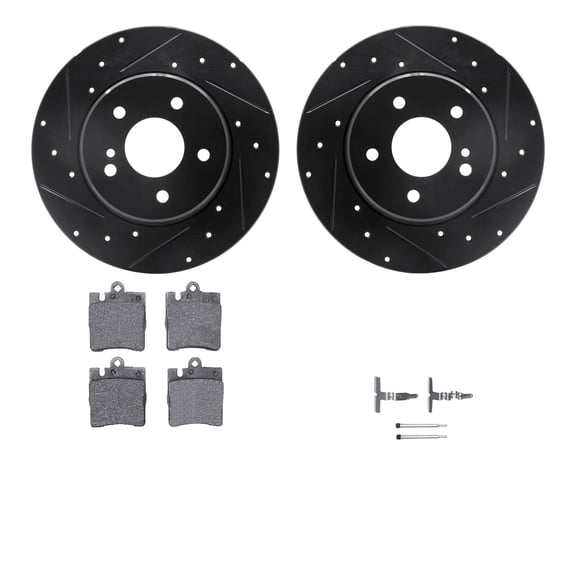 Dynamic Friction Company Rear Brake Rotors-Drilled and Slotted-Black with 5000 Euro Ceramic Brake Pads includes Hardware 8612-63051