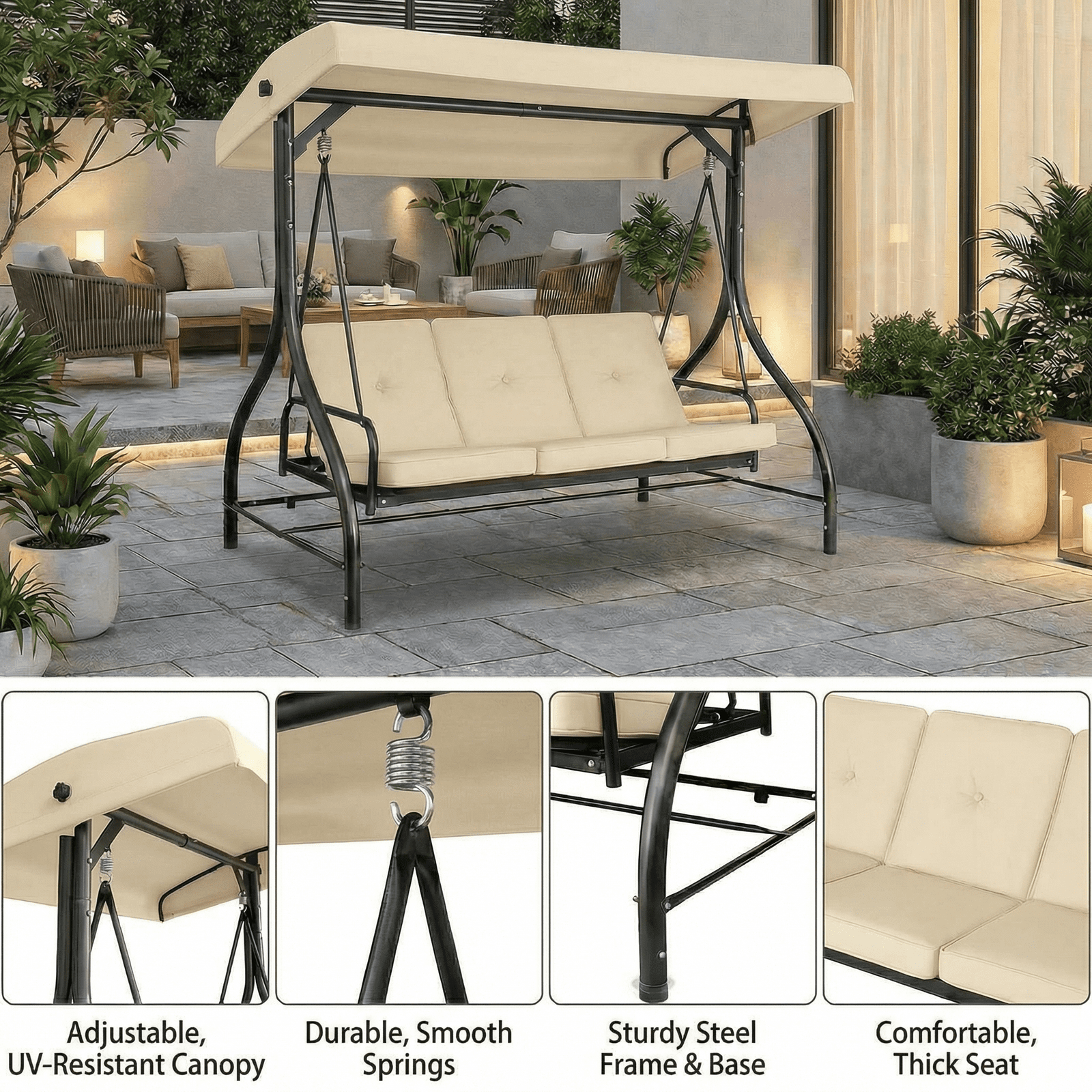 Pirecart 3-Seat Patio Porch Swing, Outdoor Converting Swing Chair with Canopy & Cushion, Graden, Yard, Beige