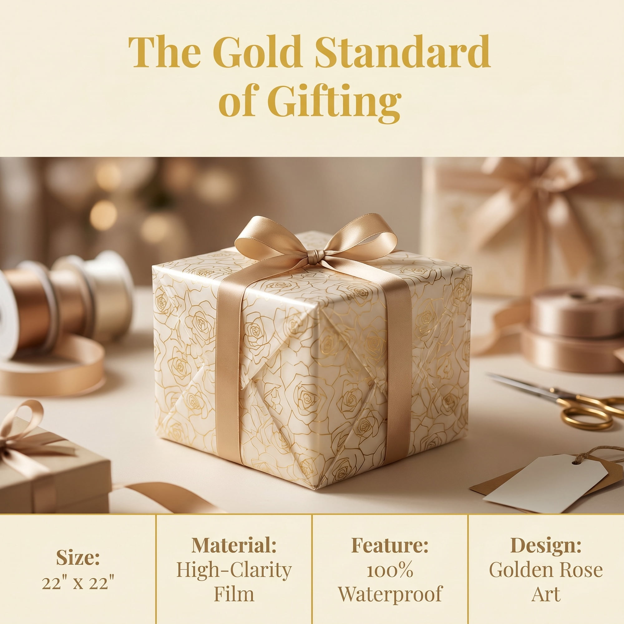 Unique Bargains Gift Wrapping Paper with Rose Pattern for Arrangements Gold 22"x 22"