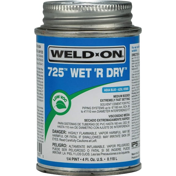 Weld-On Wet 'R Dry Medium-Bodied Professional Industrial PVC Cement - Extremely Fast-Setting and Low-VOC, Aqua Blue, 1/4 Pint (4 fl oz)