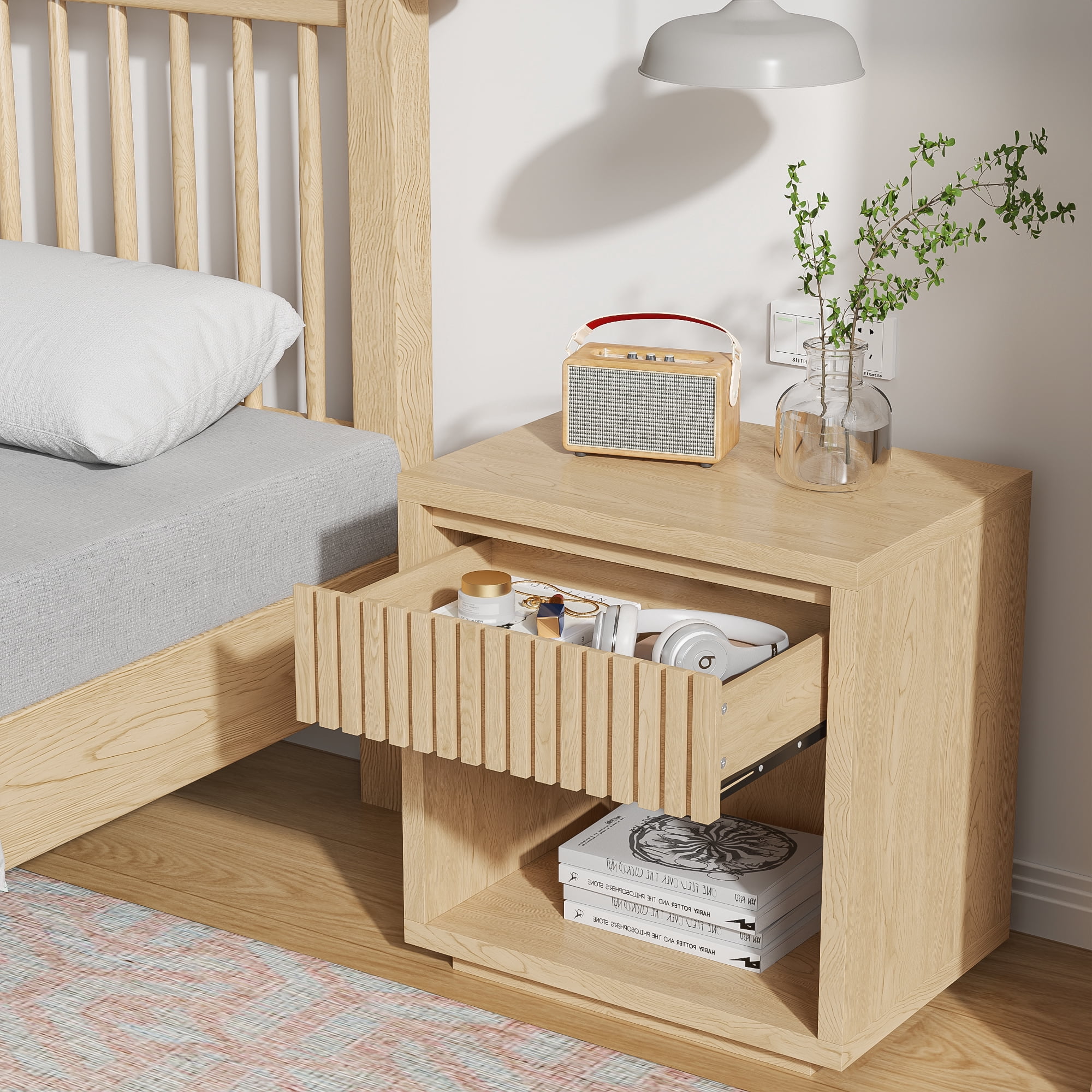Nightstand with Drawer, Mid Century Nightstands with Open Storage Shelf, Wood Bedside Table