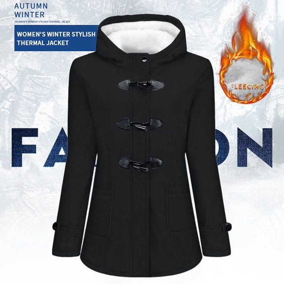 Trench Coat Women Wool Blend Hooded Peacoat Warm Sherpa Lined Bullhorn Button Winter Jacket (Black S)