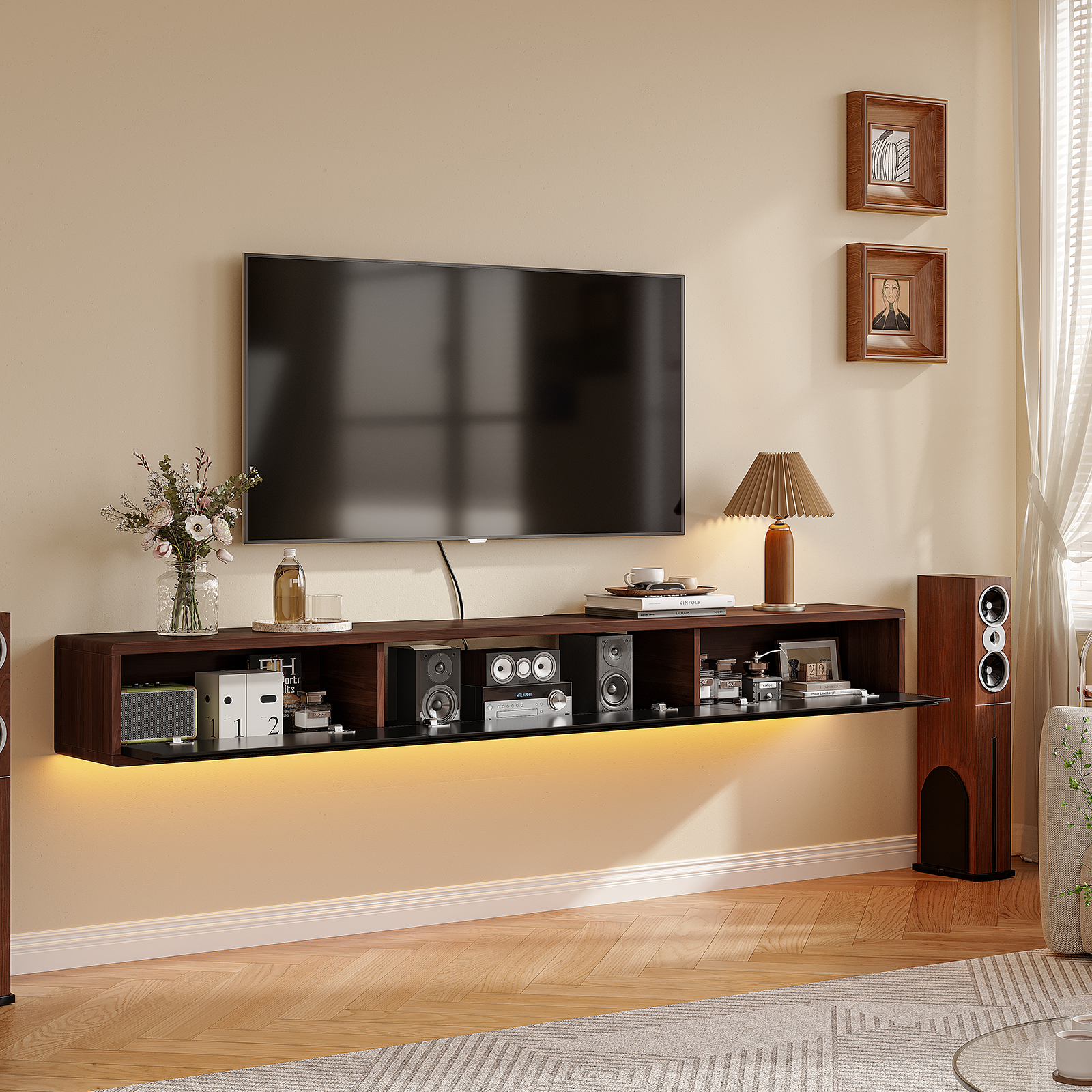 FloatiCasa 70" Floating TV Stand Wall Mounted Floating TV Shelf for TVs up to 75" Floating TV Console with 3 Flip-down Door