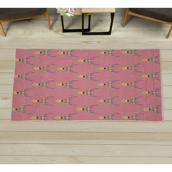Deer Decorative Rug, Hipster Inspired Antlers Glasses Mustaches Funny Animal Pattern Woodland Vintage, Quality Carpet for Bedroom Dorm and Living Room, 6 Sizes, Pale Pink, by Ambesonne