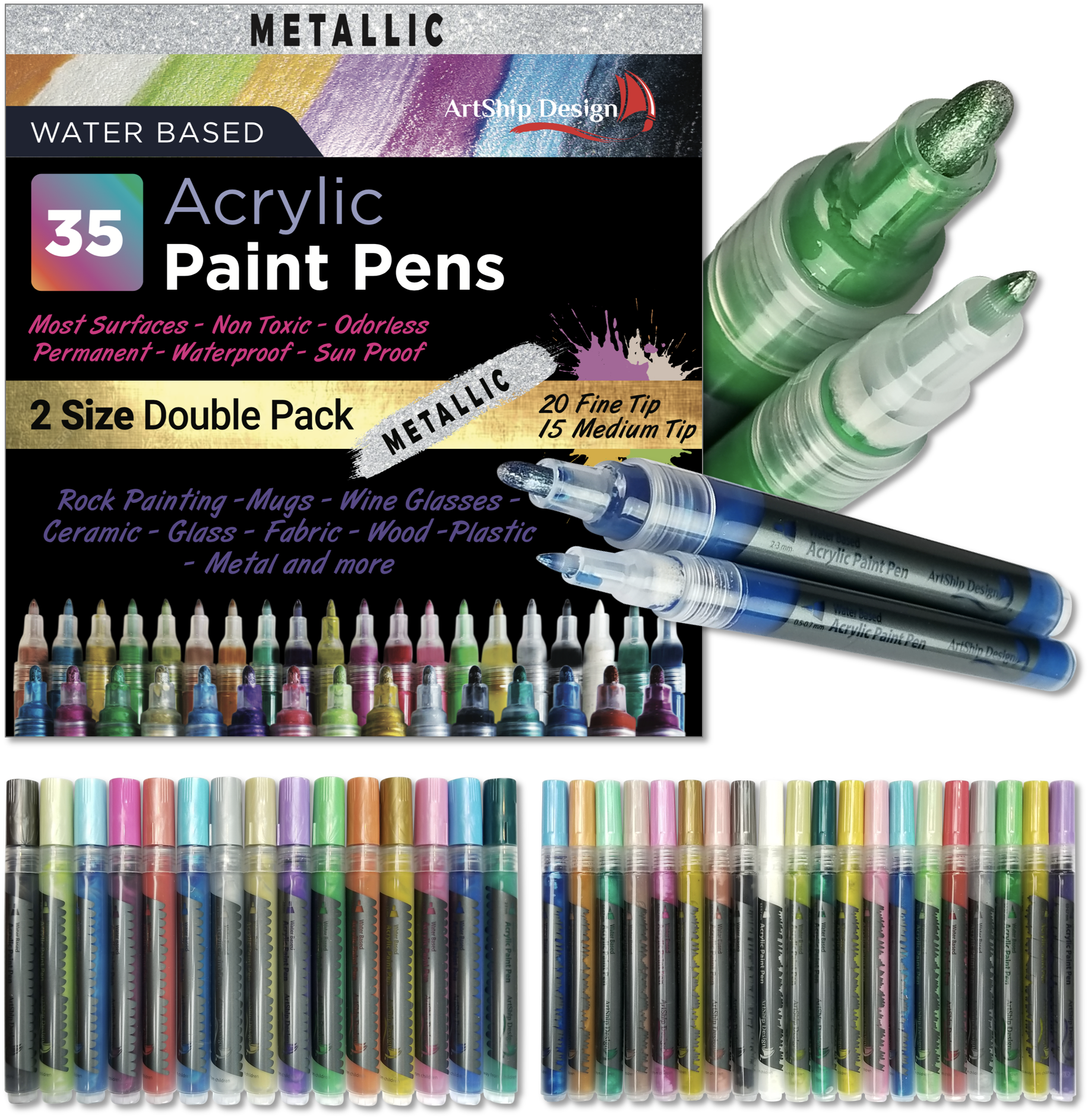 Chezaa 48pc Markers Pens Metallic Brush Pen Acrylic Art Markers Fine Tip Paint Coloring Sketch for DIY Scrapbooking Crafts Journaling Artists Adults Kids 