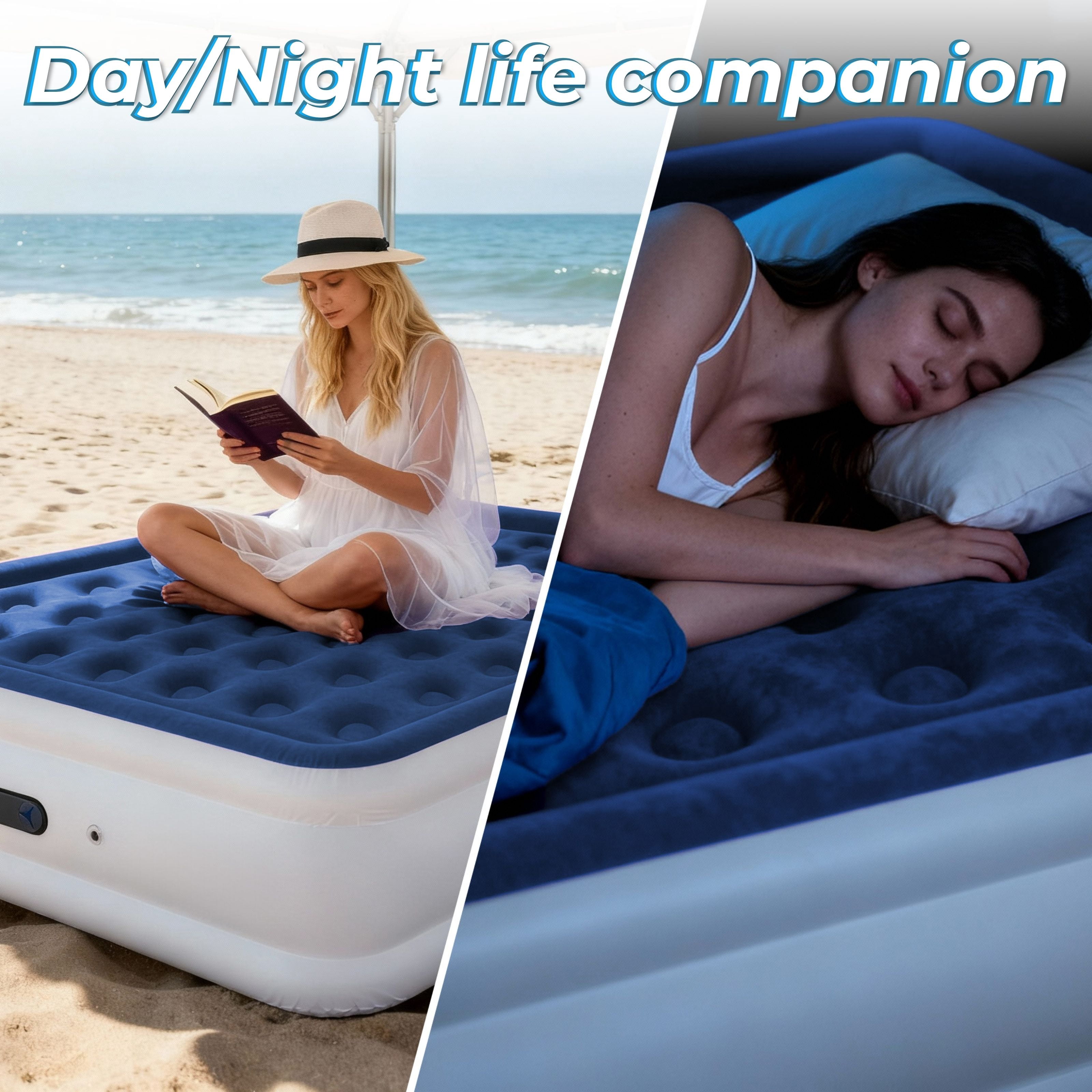 LussoAmor 18" Full Air Mattress with Built-in Pump, 3-Mins Self-Inflation, Blow Up Bed for Camping, Home & Guest, 600lb, Blue