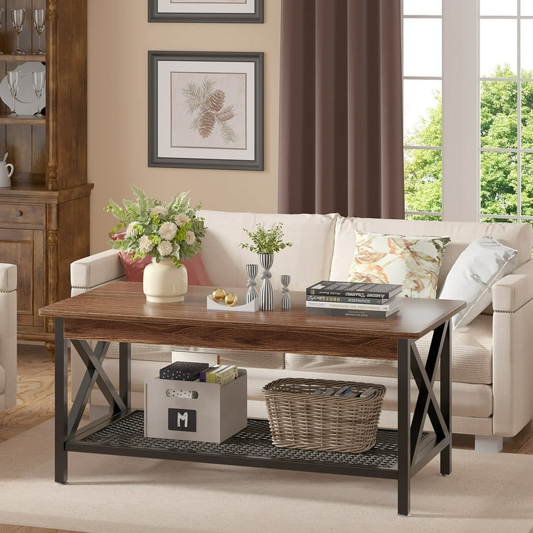 VECELO Wood Coffee Table, Industrial Style Rectangle Table with
