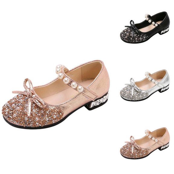 Bxsruta Little Girls Mary Jane Shoes Sparkly Rhinestone Bowknot Pearl Strap Low Heel Dress Shoes for Party Performance