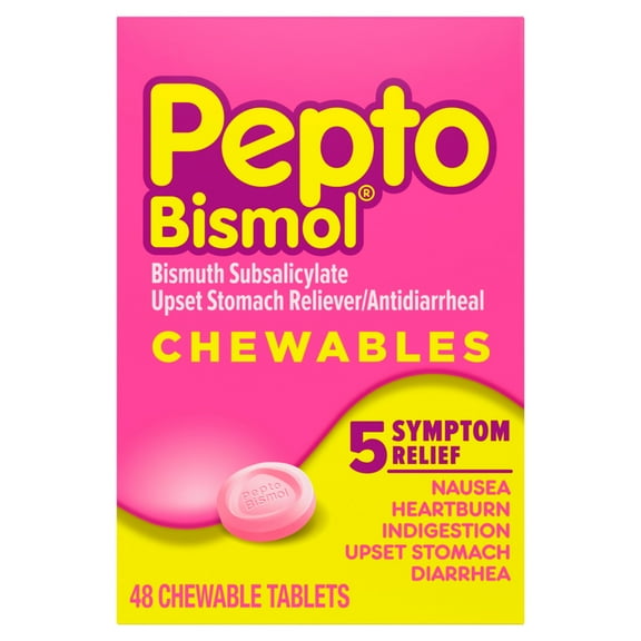Pepto Bismol Chewable Tablets 5 Digestive Concern Symptom Relief, Original Flavor 48 Count