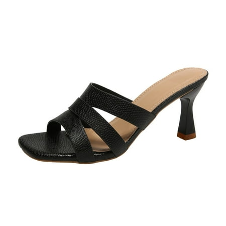 

MIASHUI Shoes for Women Summer Fashion Square Head High Heels Open Toe Sandals Casual Comfort Line Sandals Black 6.5