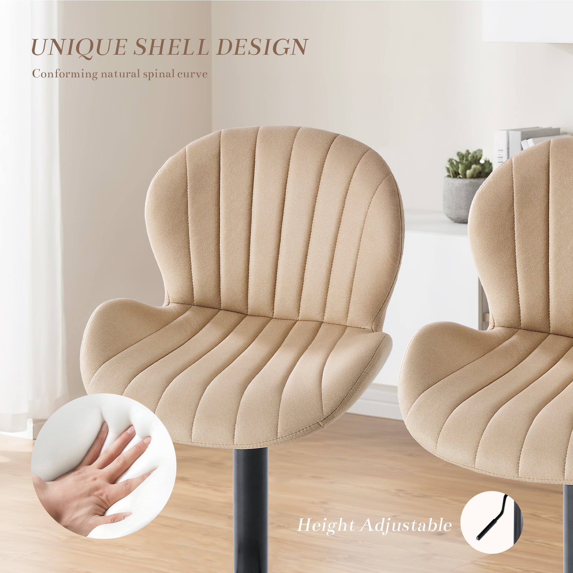 CONCETTA Set of 2 Swivel Bar Stools, Adjustable Height Modern Fabric Upholstered Barstools Counter Bar Chairs with Backrest for Kitchen Island & Home Bar, Beige