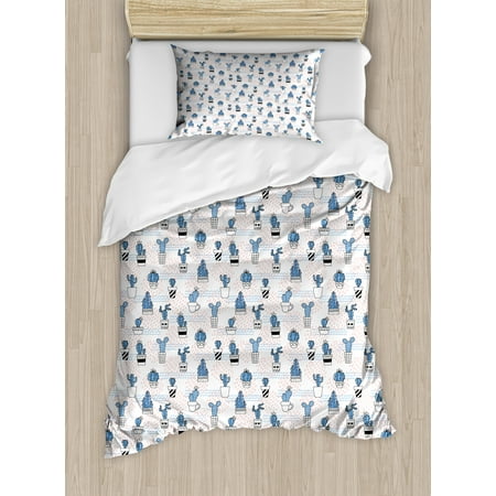 Line Short Set (Cactus Duvet Cover Set, Cute Zigzag Pattern with Diagonal Short Lines Squares and Dots Design, Decorative Bedding Set with Pillow Shams, Violet Blue Coral Black, by)