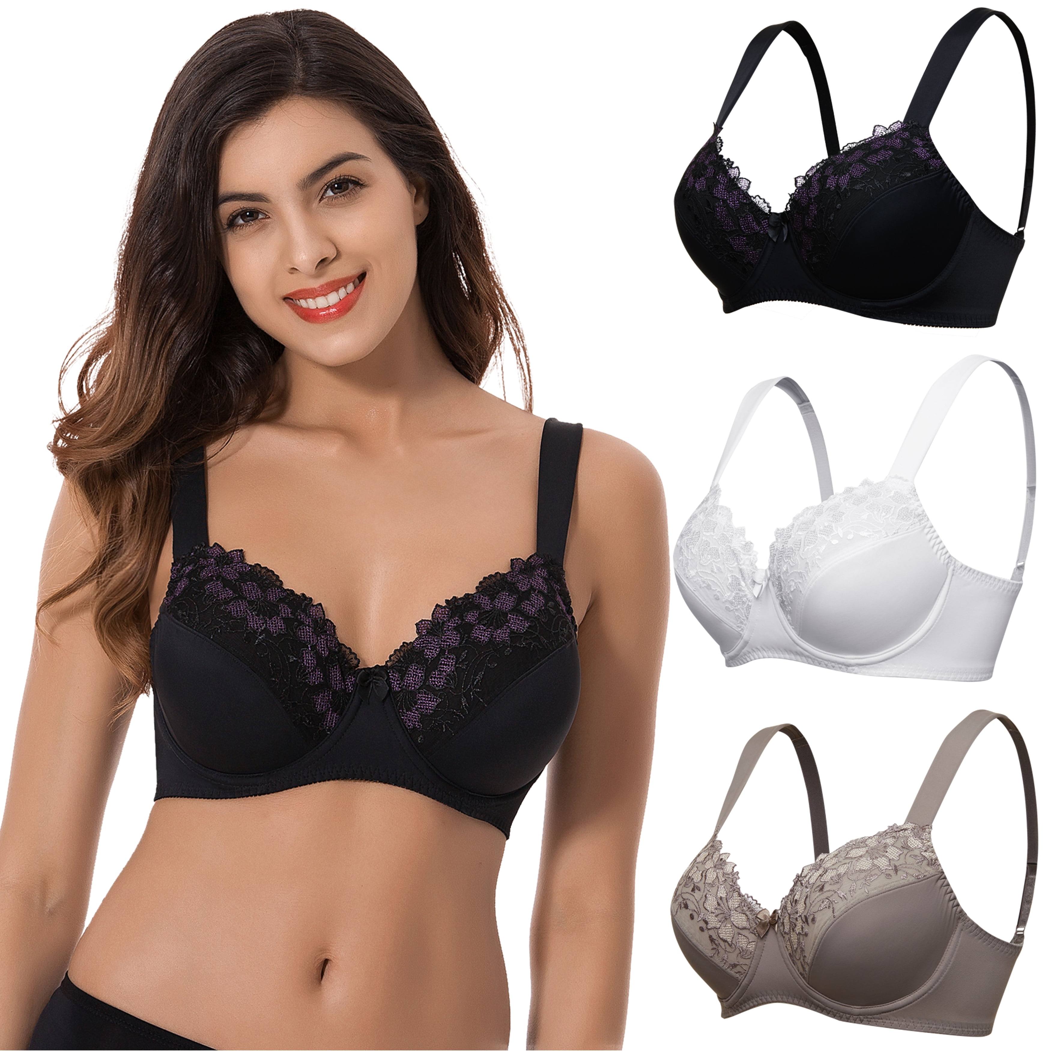 Curve Muse Womens Plus Size Minimizer Underwire Bra with Lace Embroidery-2 or 3 Pack 